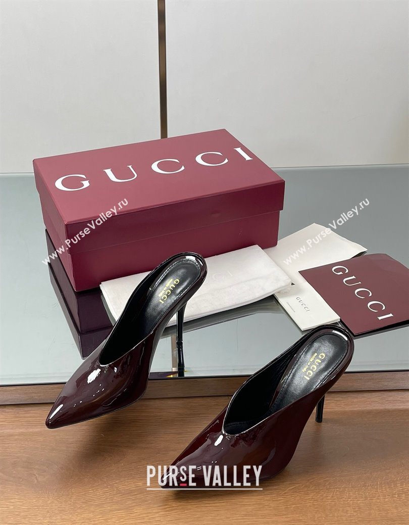 Gucci V Heel Mules 10.5cm in Patent Leather Dark Burgundy 2025 GG082801 (MD-250828167)