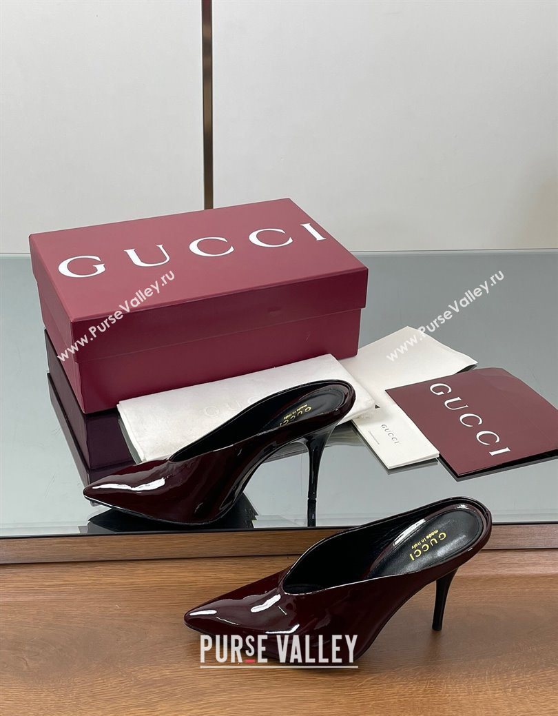Gucci V Heel Mules 10.5cm in Patent Leather Dark Burgundy 2025 GG082801 (MD-250828167)