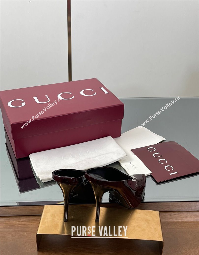 Gucci V Heel Mules 10.5cm in Patent Leather Dark Burgundy 2025 GG082801 (MD-250828167)
