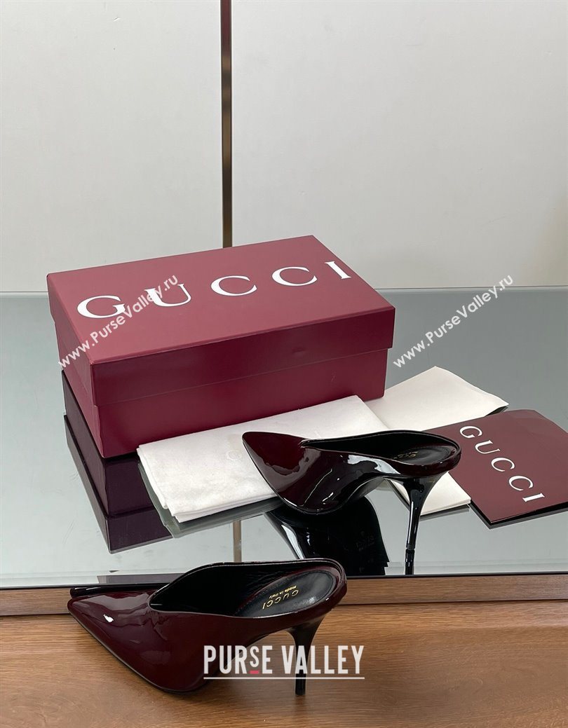 Gucci V Heel Mules 10.5cm in Patent Leather Dark Burgundy 2025 GG082801 (MD-250828167)