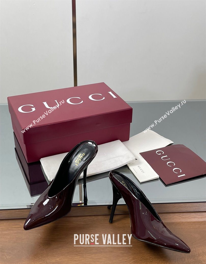 Gucci V Heel Mules 10.5cm in Patent Leather Dark Burgundy 2025 GG082801 (MD-250828167)