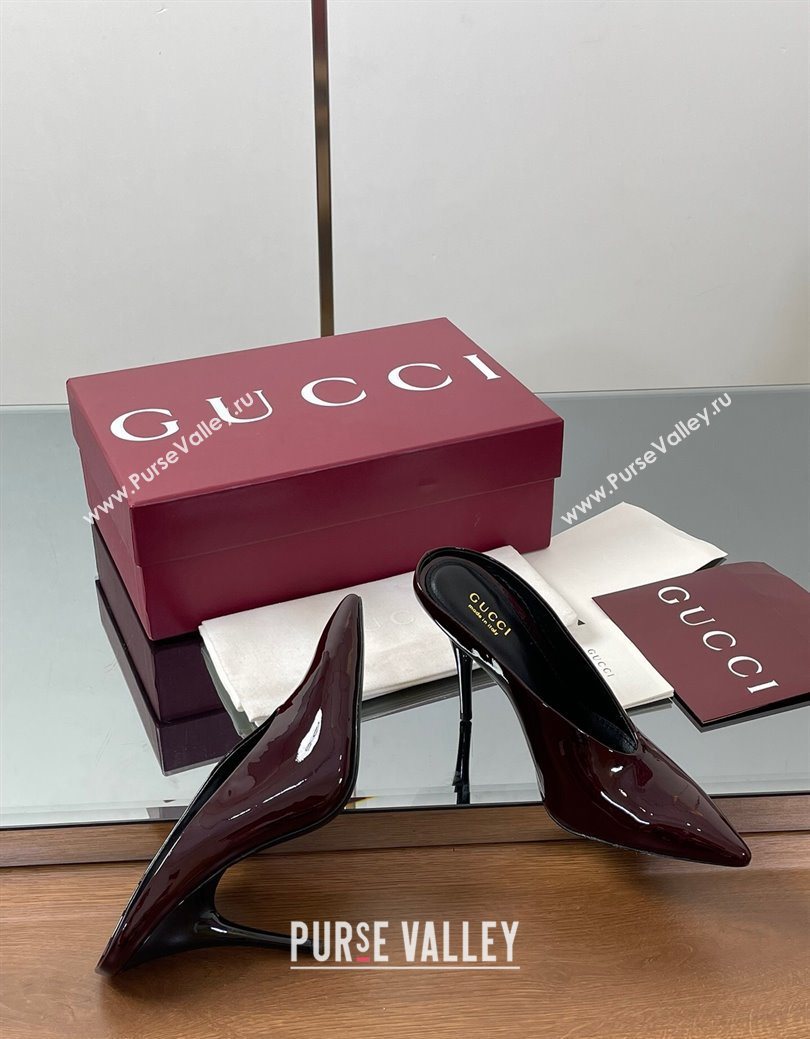 Gucci V Heel Mules 10.5cm in Patent Leather Dark Burgundy 2025 GG082801 (MD-250828167)