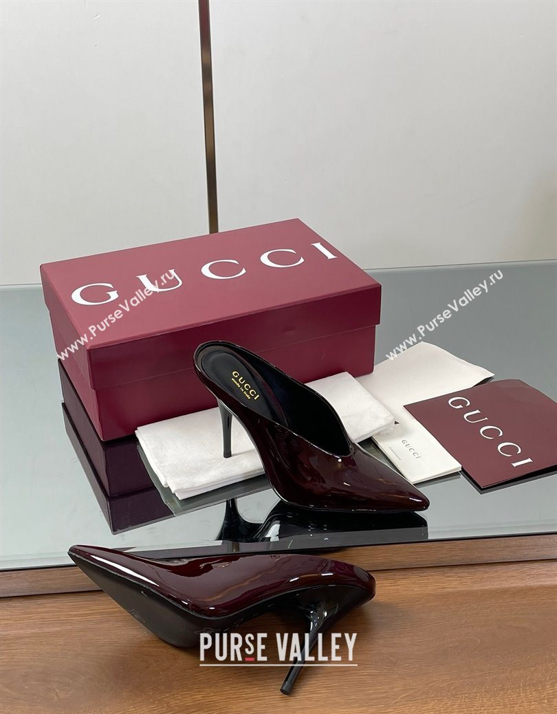Gucci V Heel Mules 10.5cm in Patent Leather Dark Burgundy 2025 GG082801 (MD-250828167)