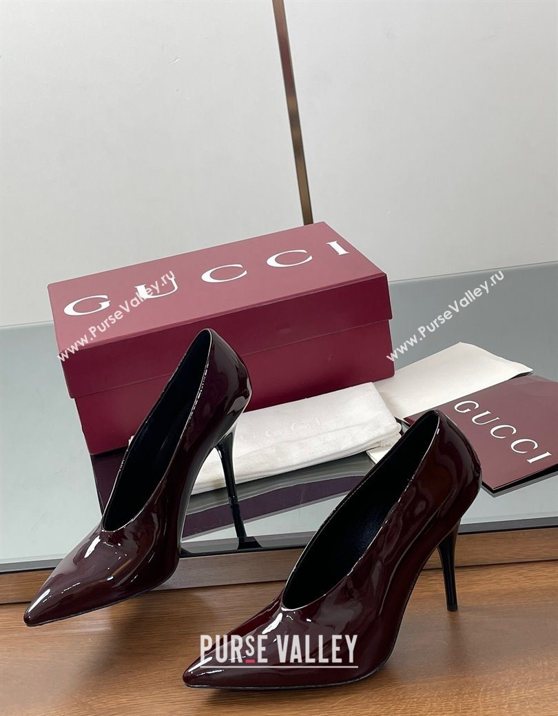 Gucci V Pumps 10.5cm in Patent Leather Dark Burgundy 2025 GG082801 (MD-250828173)