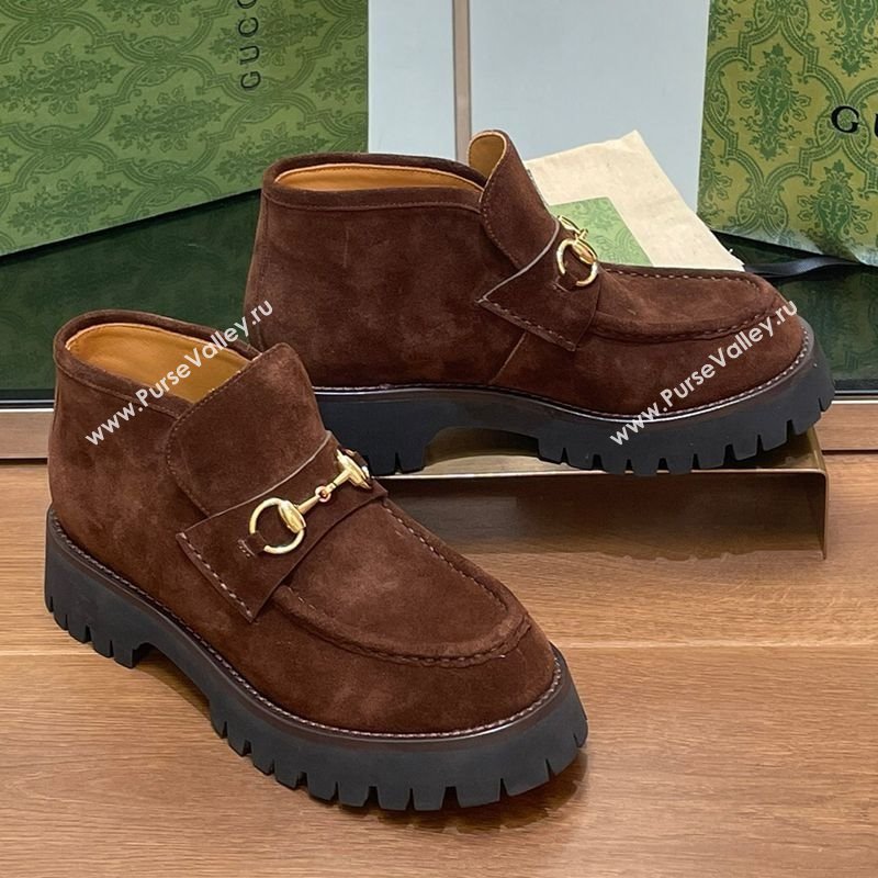 Gucci Horsebit Ankle Boots 4.5cm in Suede Dark Brown 2025 764206 (SS-250828181)