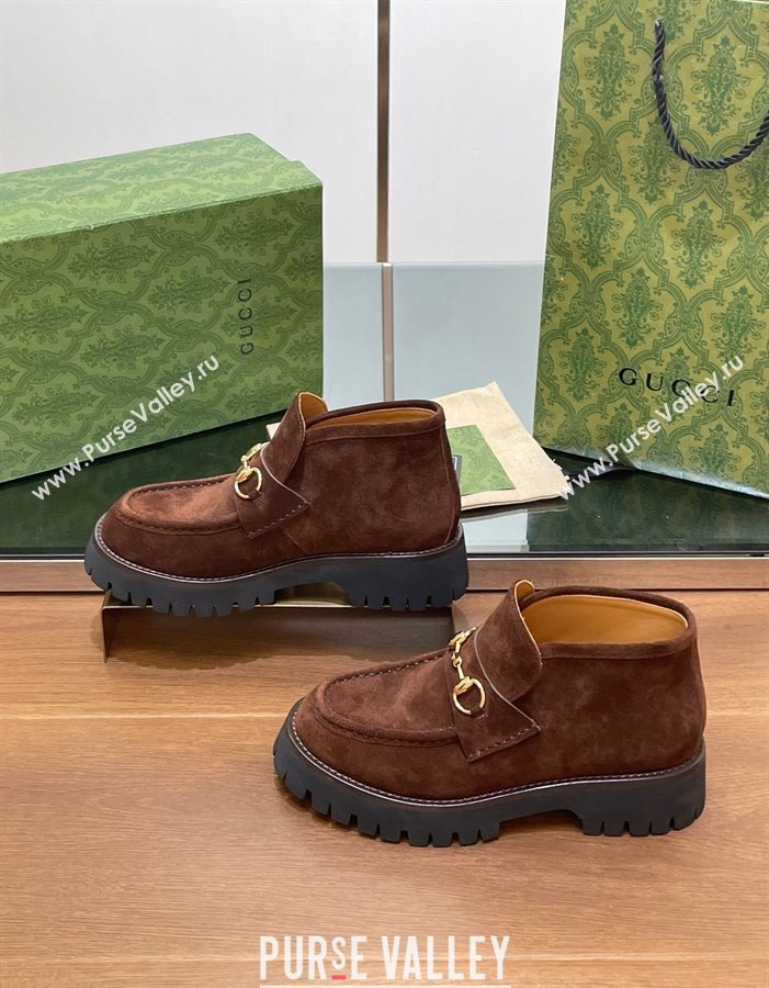 Gucci Horsebit Ankle Boots 4.5cm in Suede Dark Brown 2025 764206 (SS-250828181)