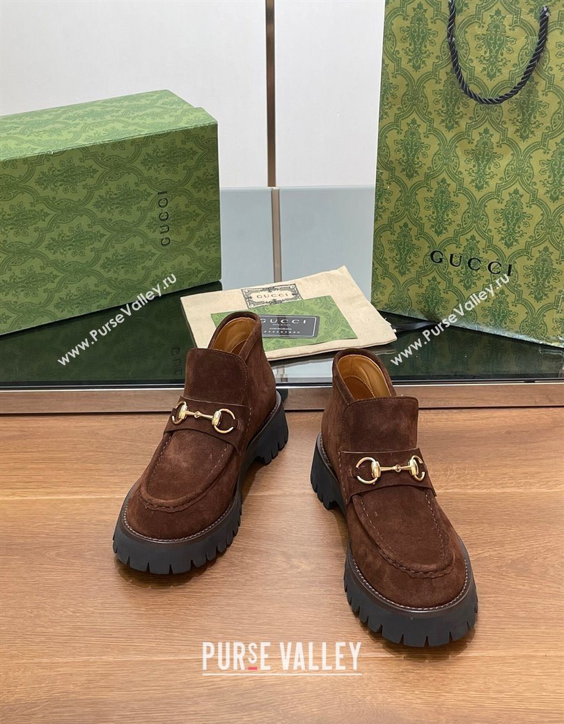 Gucci Horsebit Ankle Boots 4.5cm in Suede Dark Brown 2025 764206 (SS-250828181)
