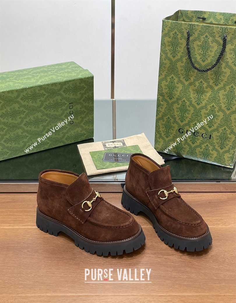 Gucci Horsebit Ankle Boots 4.5cm in Suede Dark Brown 2025 764206 (SS-250828181)