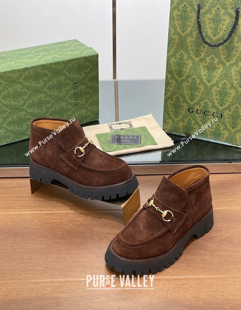 Gucci Horsebit Ankle Boots 4.5cm in Suede Dark Brown 2025 764206 (SS-250828181)
