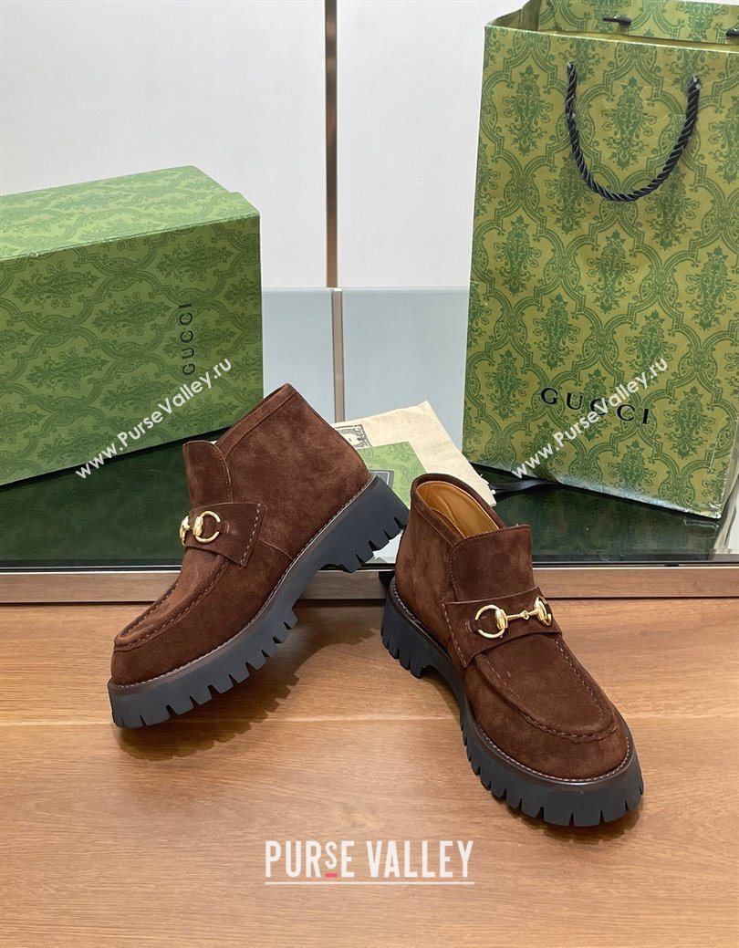 Gucci Horsebit Ankle Boots 4.5cm in Suede Dark Brown 2025 764206 (SS-250828181)