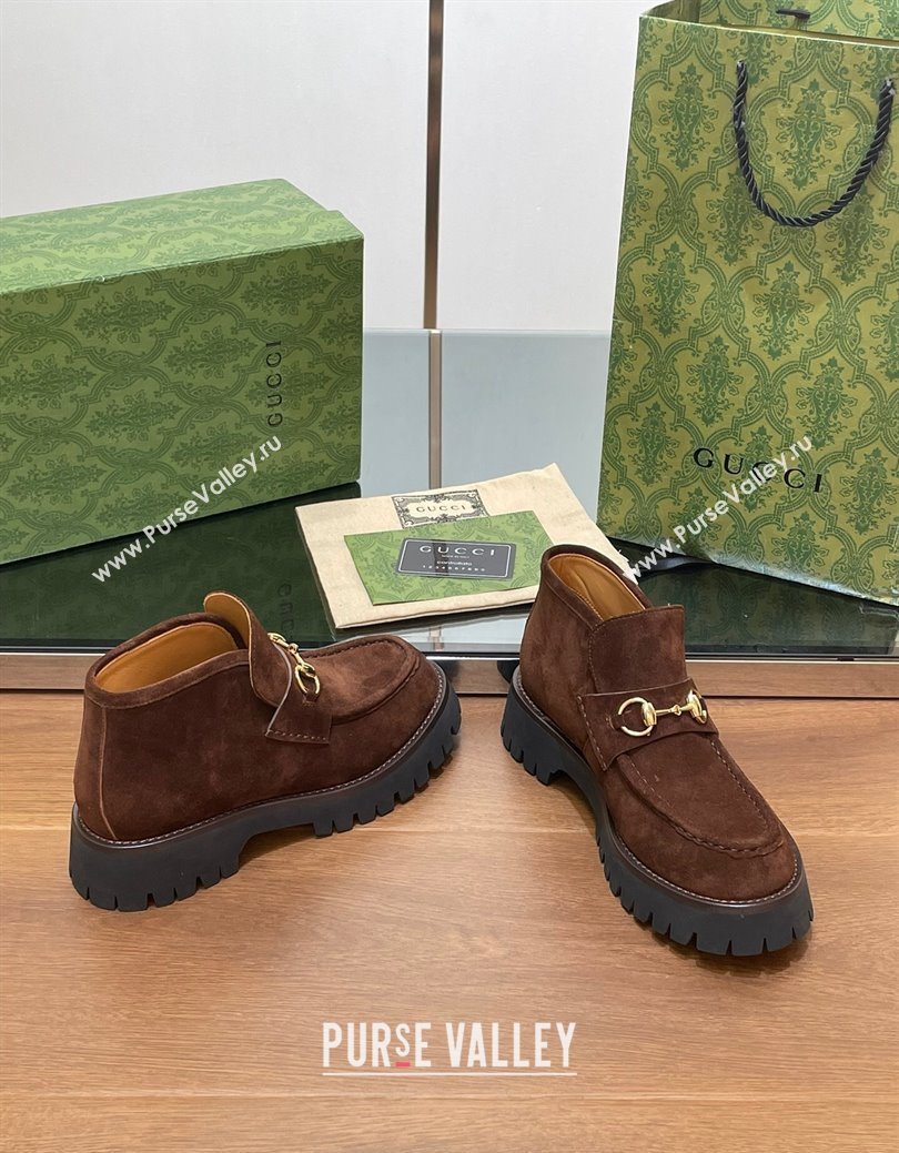 Gucci Horsebit Ankle Boots 4.5cm in Suede Dark Brown 2025 764206 (SS-250828181)