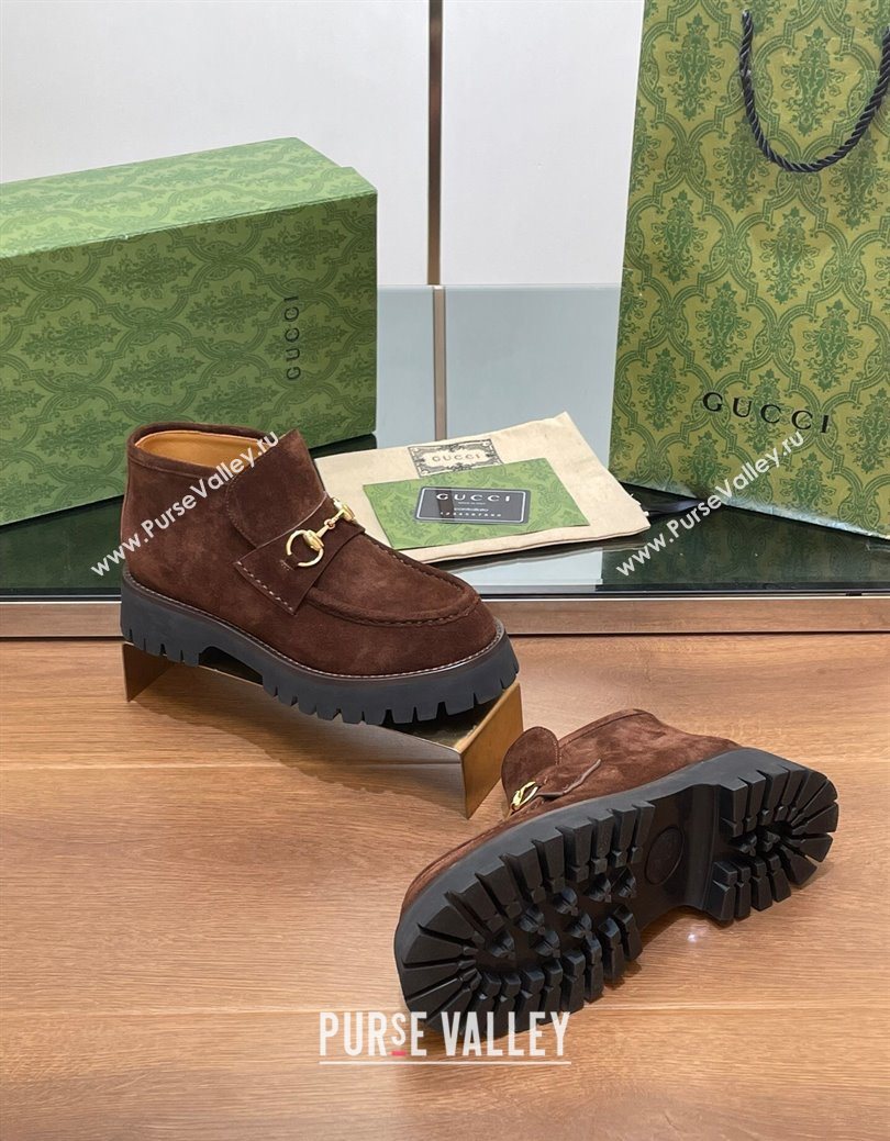 Gucci Horsebit Ankle Boots 4.5cm in Suede Dark Brown 2025 764206 (SS-250828181)