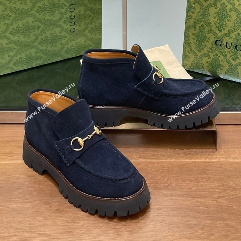 Gucci Horsebit Ankle Boots 4.5cm in Suede Dark Blue 2025 764206 (SS-250828183)