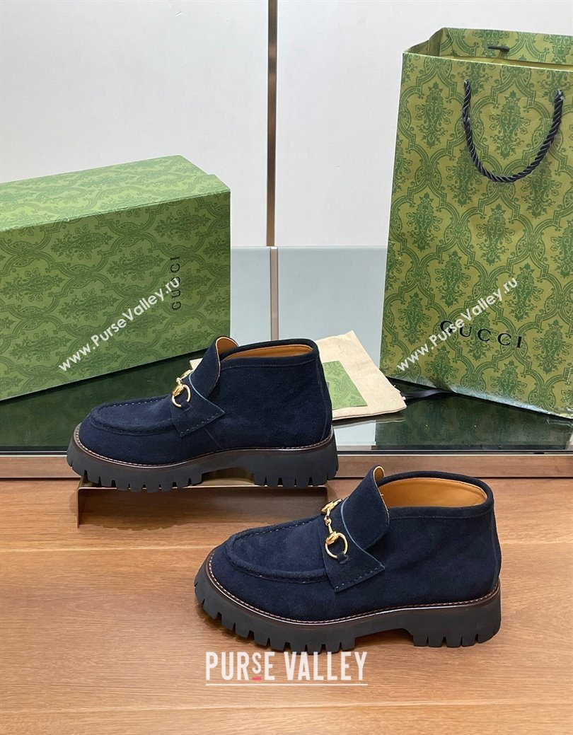 Gucci Horsebit Ankle Boots 4.5cm in Suede Dark Blue 2025 764206 (SS-250828183)