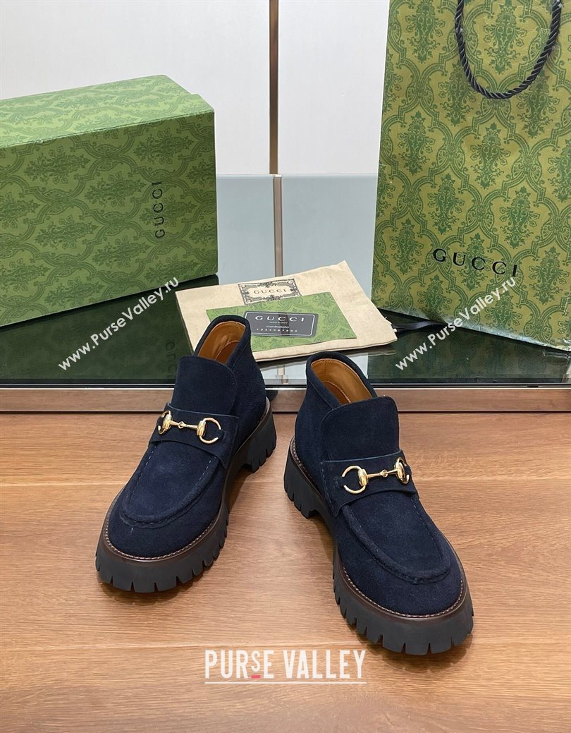 Gucci Horsebit Ankle Boots 4.5cm in Suede Dark Blue 2025 764206 (SS-250828183)