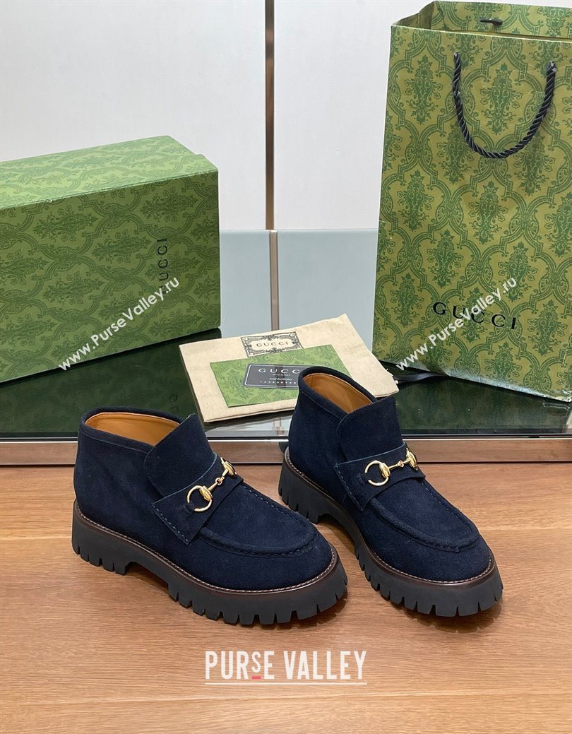 Gucci Horsebit Ankle Boots 4.5cm in Suede Dark Blue 2025 764206 (SS-250828183)