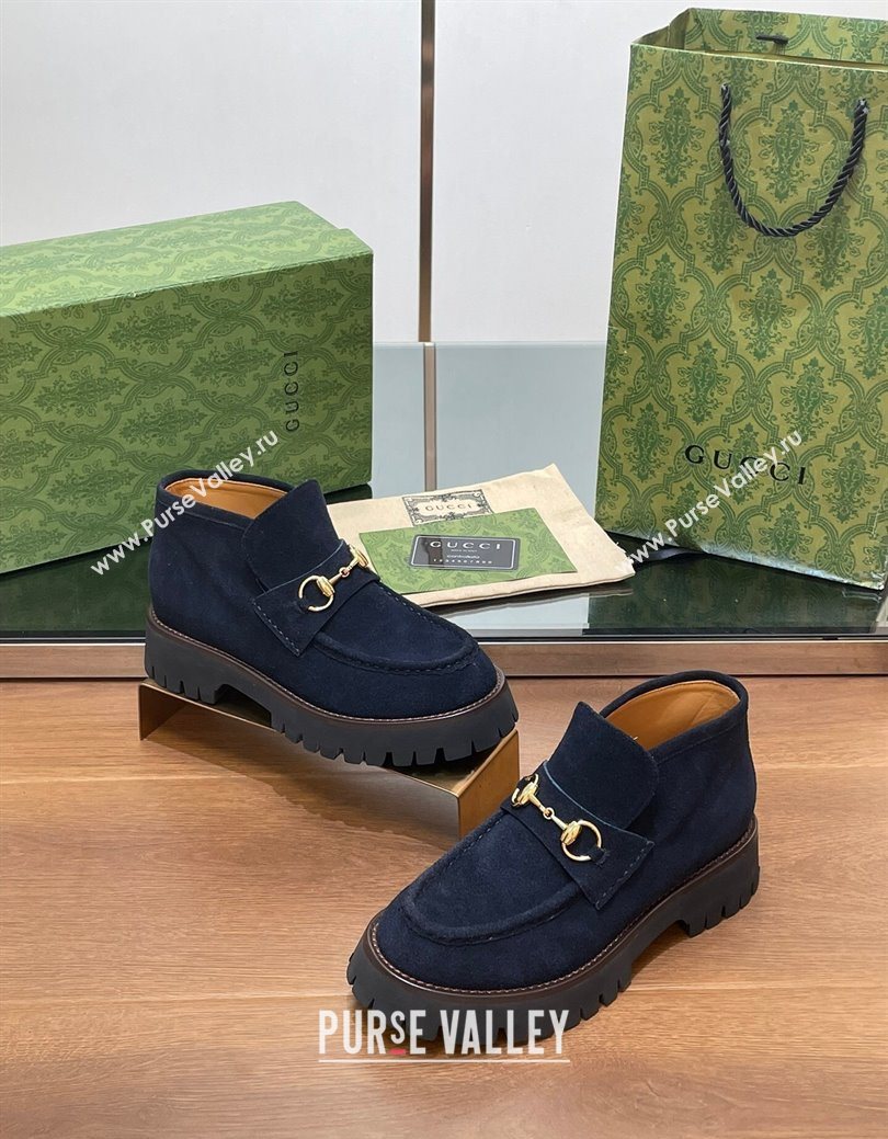Gucci Horsebit Ankle Boots 4.5cm in Suede Dark Blue 2025 764206 (SS-250828183)