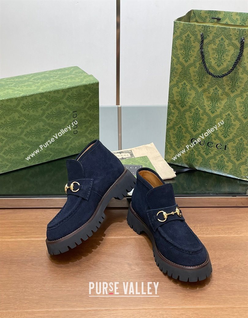 Gucci Horsebit Ankle Boots 4.5cm in Suede Dark Blue 2025 764206 (SS-250828183)