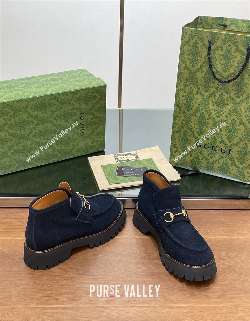 Gucci Horsebit Ankle Boots 4.5cm in Suede Dark Blue 2025 764206 (SS-250828183)