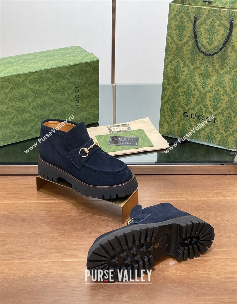 Gucci Horsebit Ankle Boots 4.5cm in Suede Dark Blue 2025 764206 (SS-250828183)