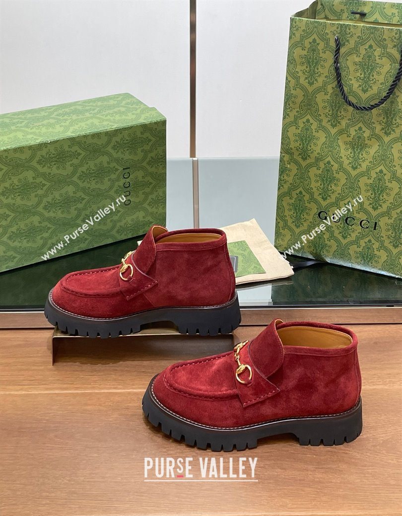 Gucci Horsebit Ankle Boots 4.5cm in Suede Red 2025 764206 (SS-250828184)