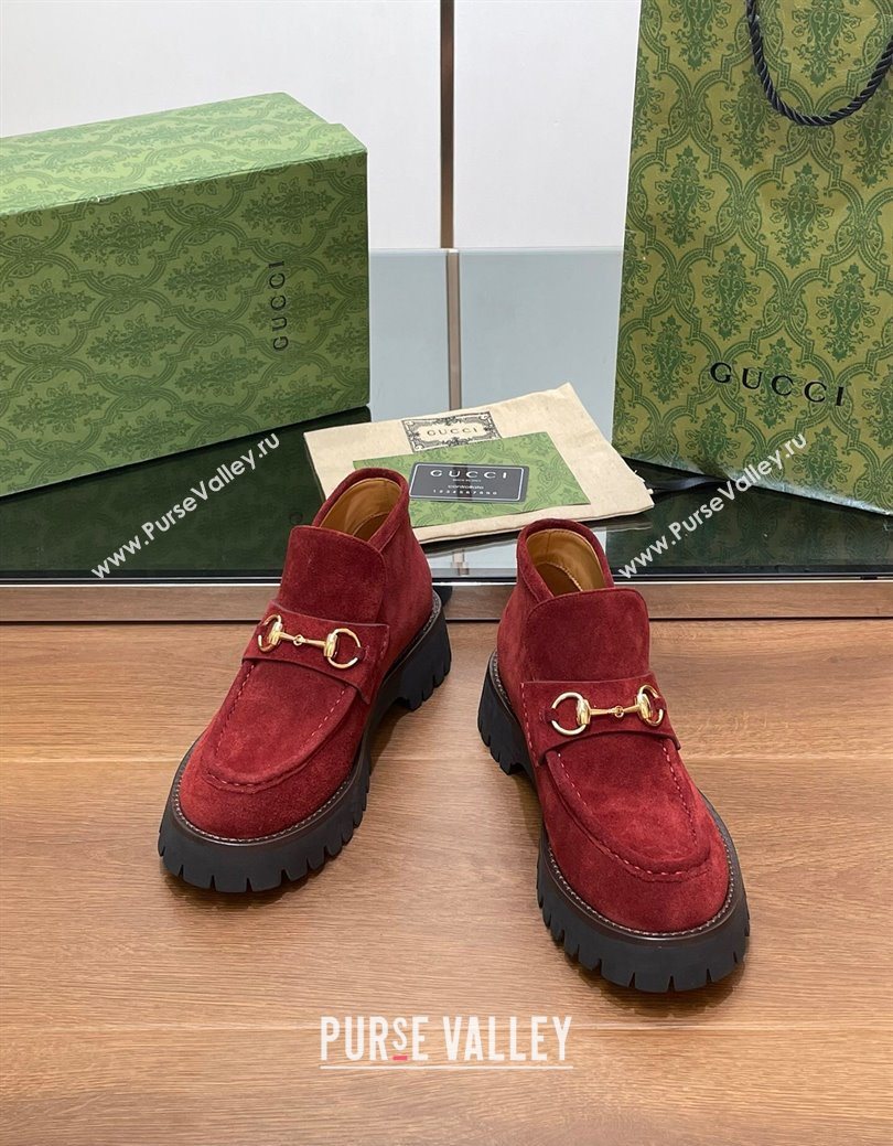 Gucci Horsebit Ankle Boots 4.5cm in Suede Red 2025 764206 (SS-250828184)