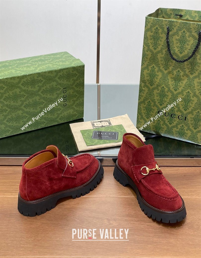 Gucci Horsebit Ankle Boots 4.5cm in Suede Red 2025 764206 (SS-250828184)