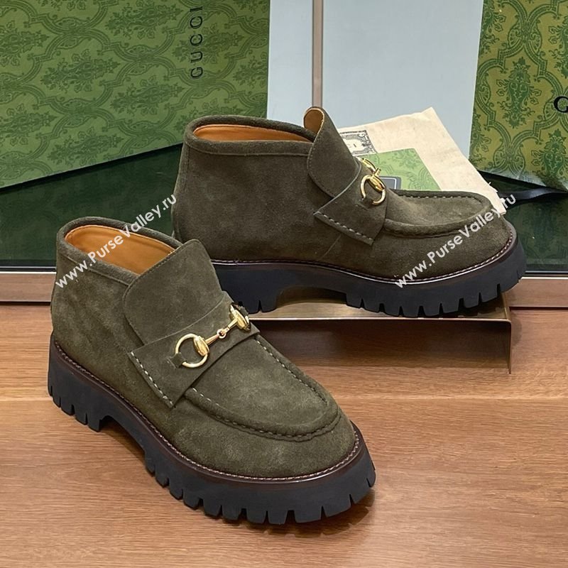 Gucci Horsebit Ankle Boots 4.5cm in Suede Green 2025 764206 (SS-250828185)