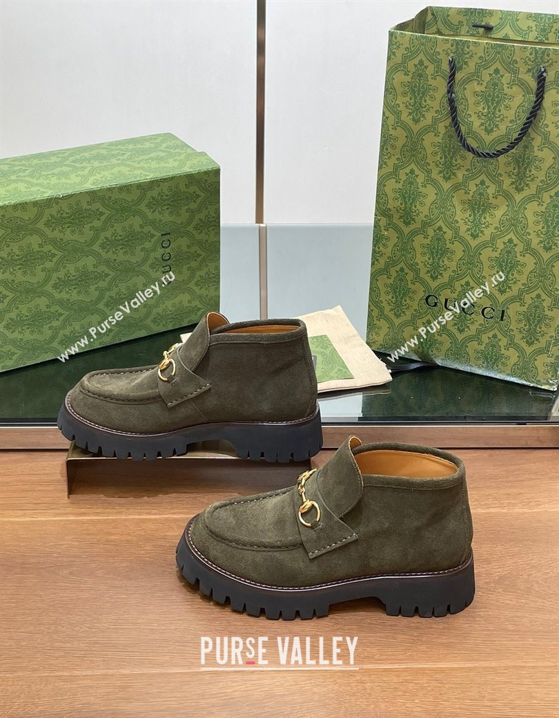 Gucci Horsebit Ankle Boots 4.5cm in Suede Green 2025 764206 (SS-250828185)