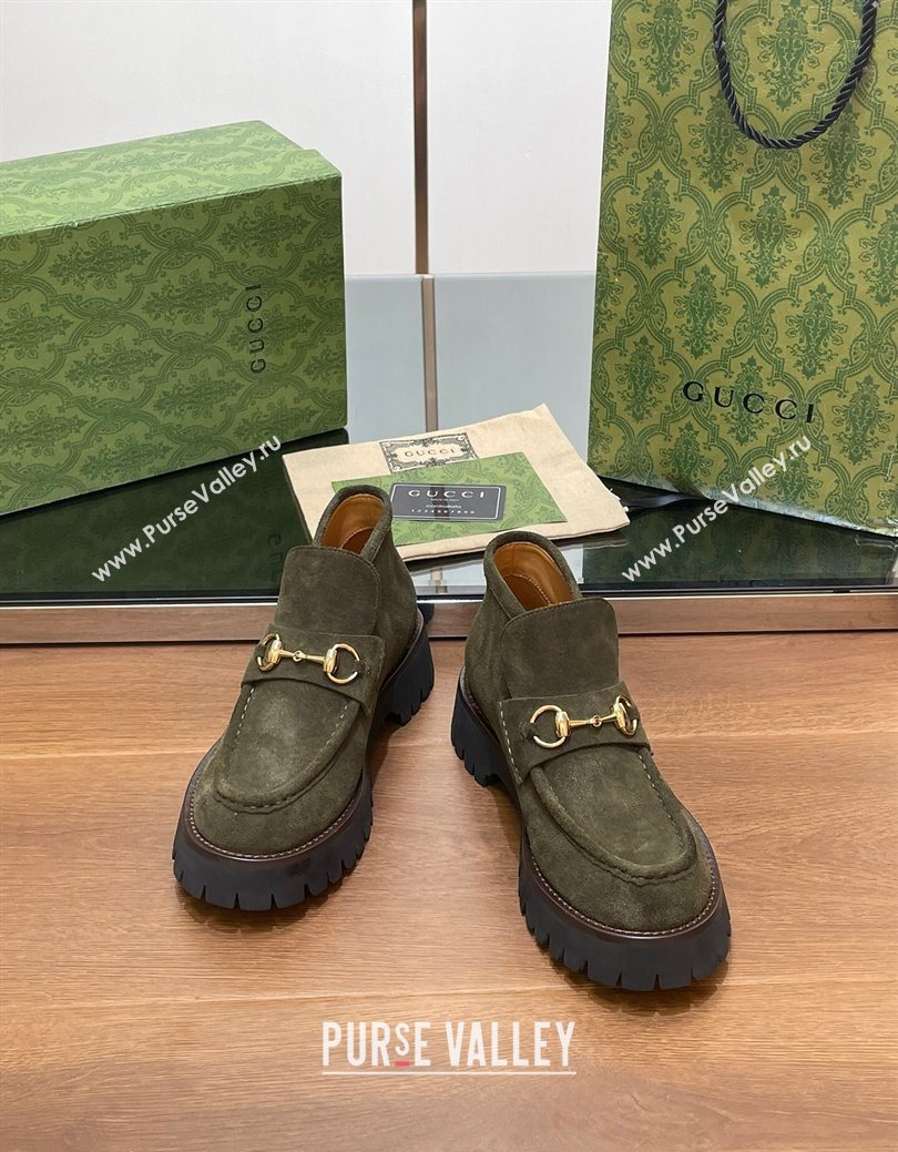 Gucci Horsebit Ankle Boots 4.5cm in Suede Green 2025 764206 (SS-250828185)
