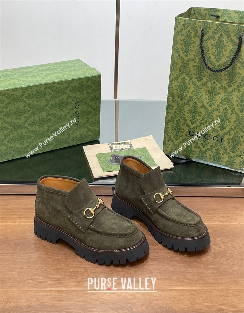 Gucci Horsebit Ankle Boots 4.5cm in Suede Green 2025 764206 (SS-250828185)