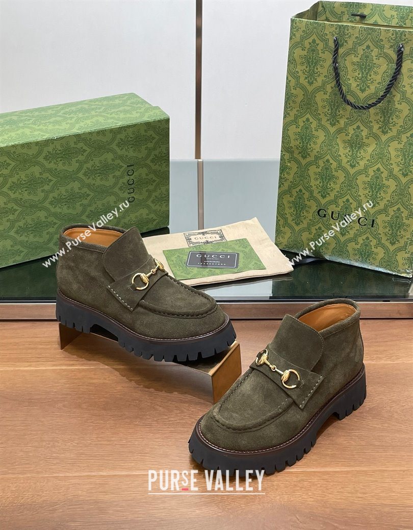Gucci Horsebit Ankle Boots 4.5cm in Suede Green 2025 764206 (SS-250828185)