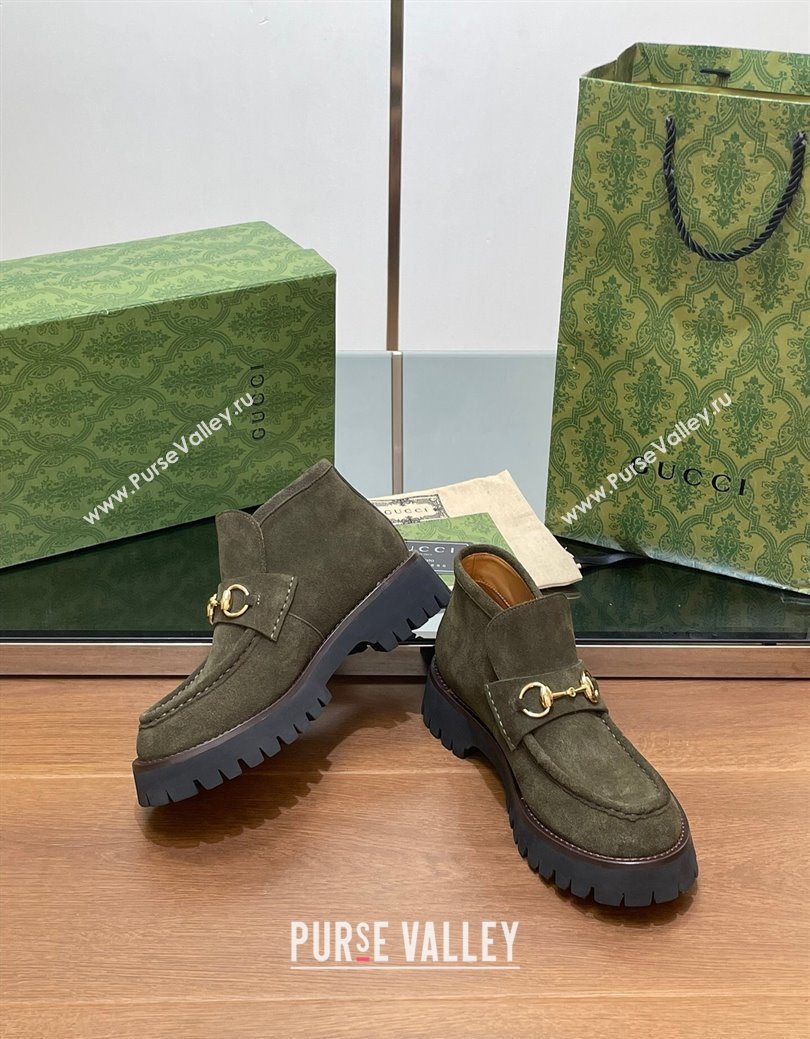Gucci Horsebit Ankle Boots 4.5cm in Suede Green 2025 764206 (SS-250828185)