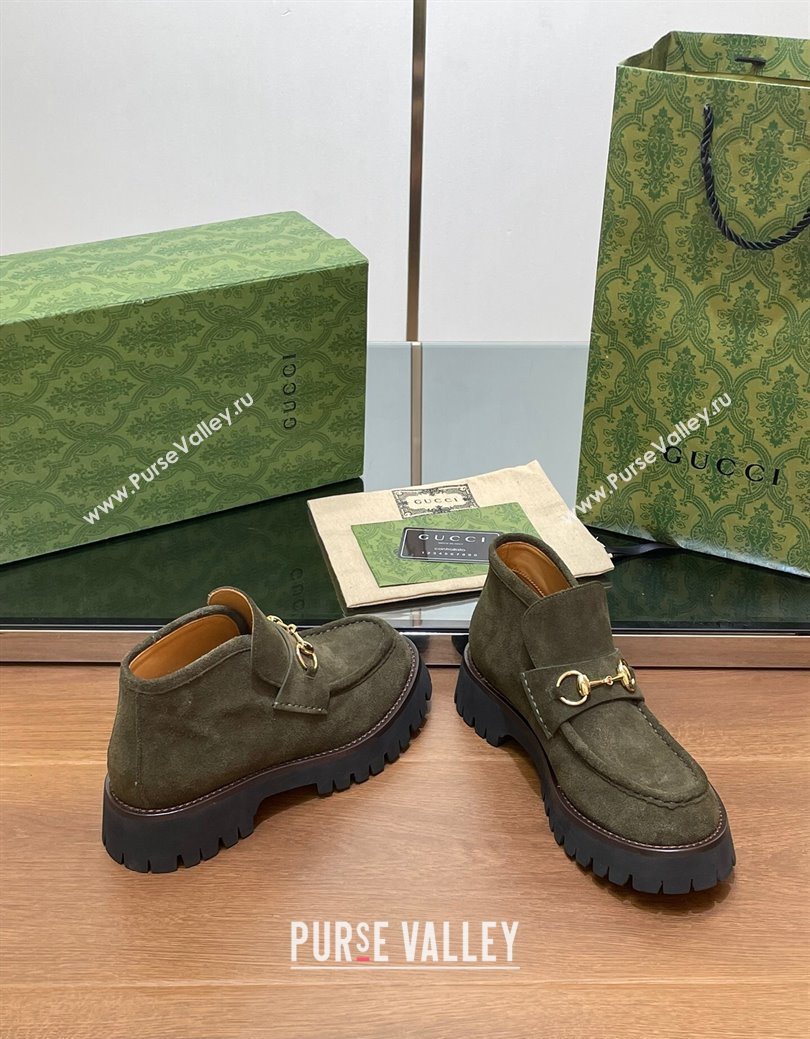 Gucci Horsebit Ankle Boots 4.5cm in Suede Green 2025 764206 (SS-250828185)