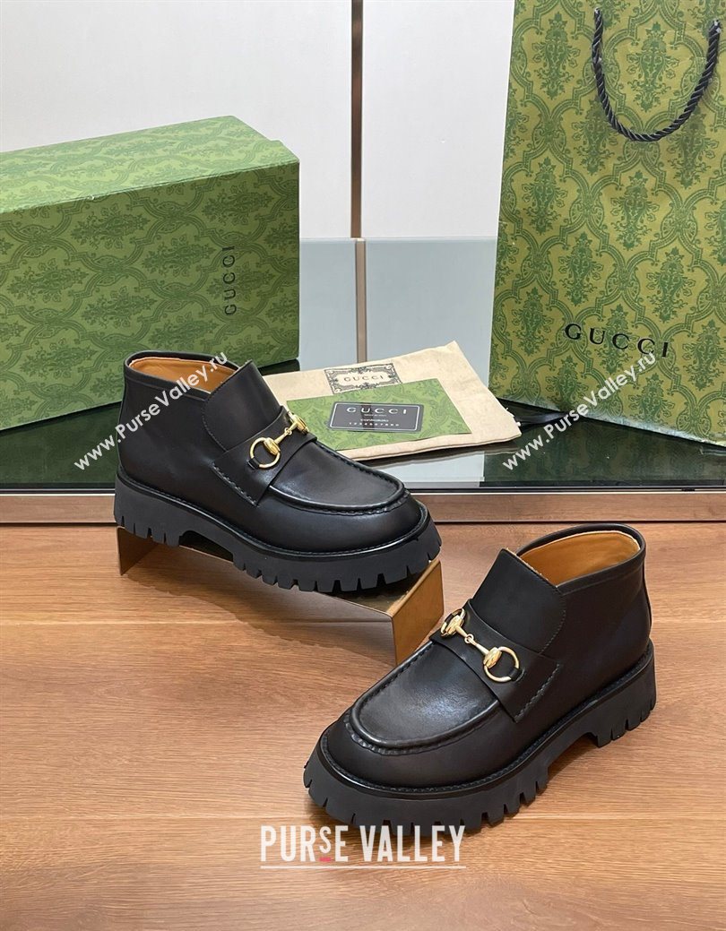 Gucci Horsebit Ankle Boots 4.5cm in Shiny Leather Black 2025 764206 (SS-250828186)