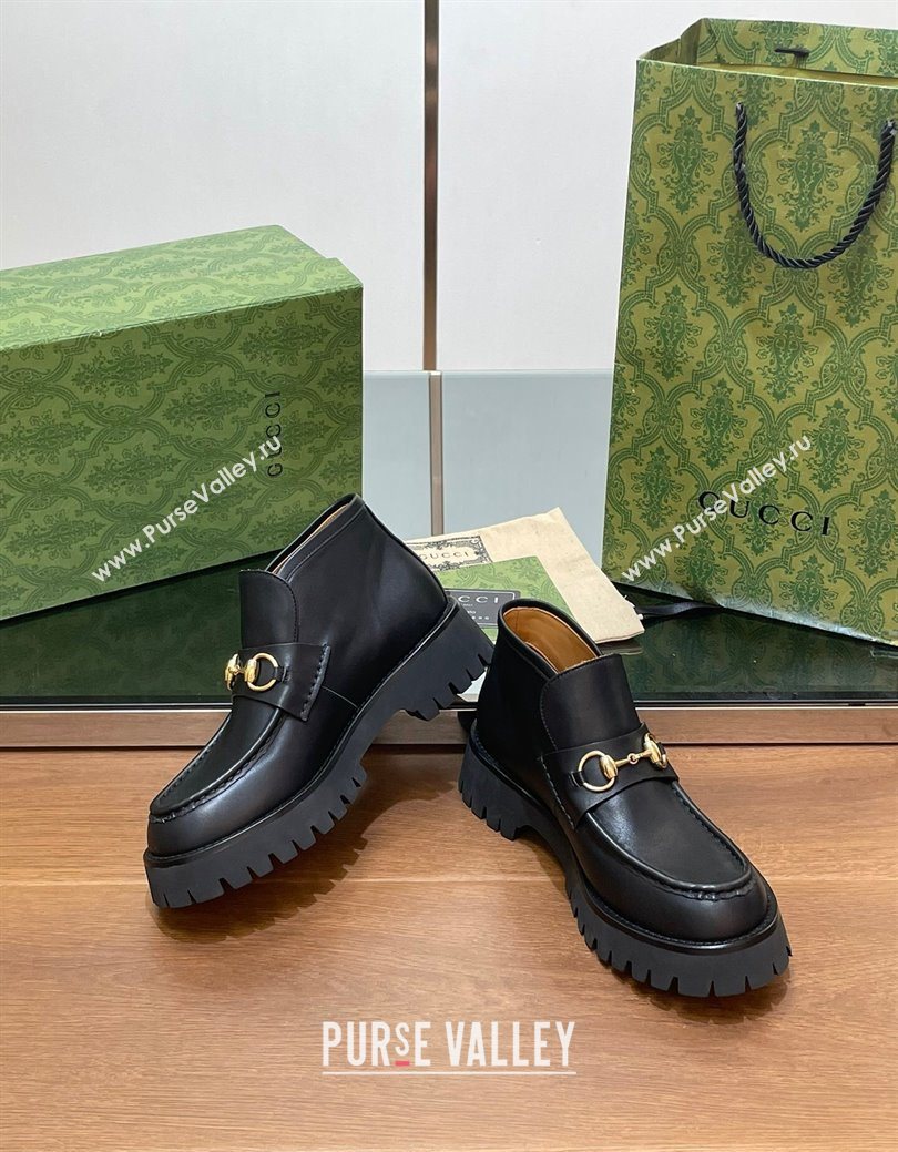 Gucci Horsebit Ankle Boots 4.5cm in Shiny Leather Black 2025 764206 (SS-250828186)
