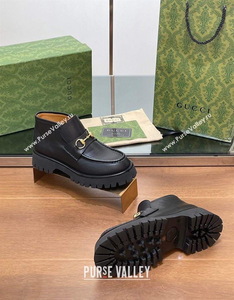 Gucci Horsebit Ankle Boots 4.5cm in Shiny Leather Black 2025 764206 (SS-250828186)