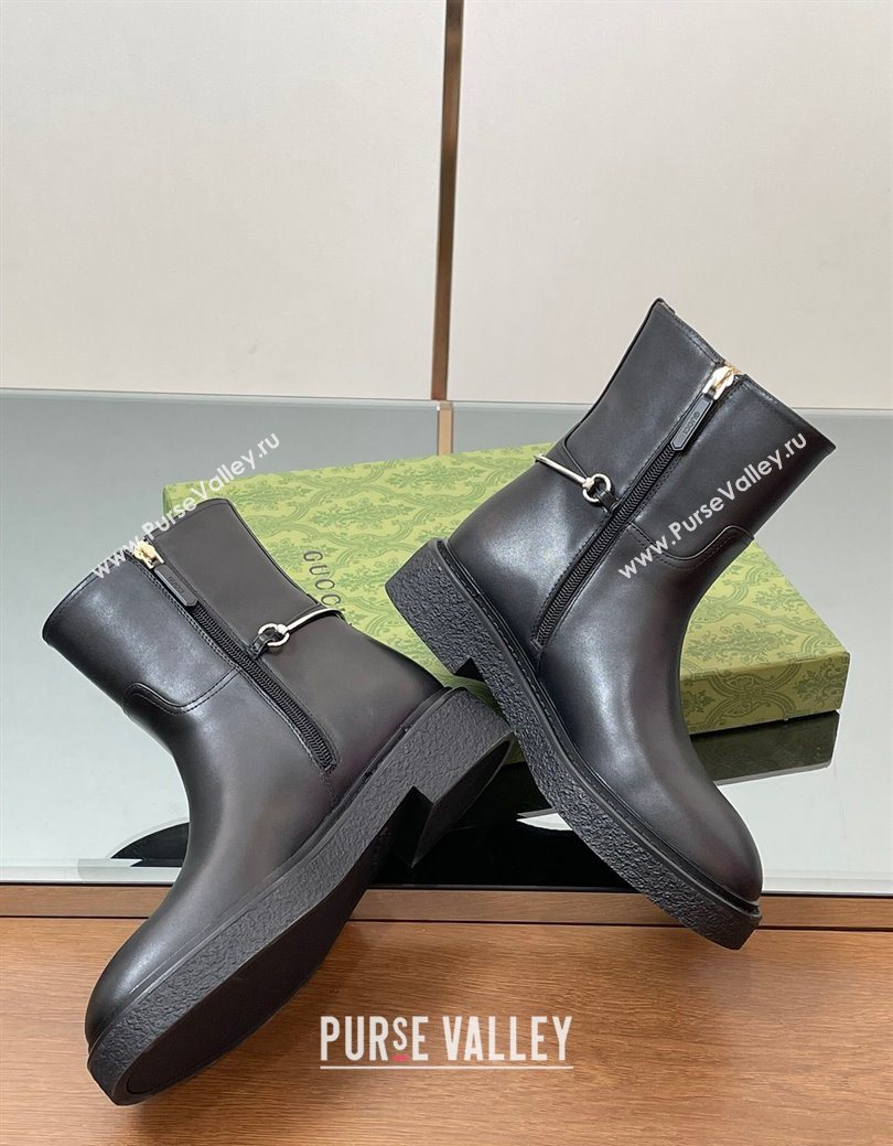 Gucci Calf Leather Flat Ankle Boots with Slim Horsebit Black 2025 805312 (SS-250828154)