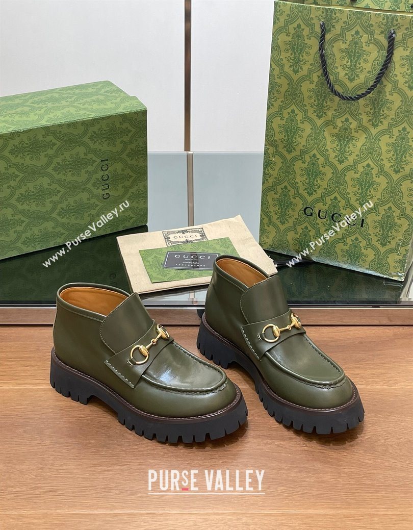 Gucci Horsebit Ankle Boots 4.5cm in Shiny Leather Green 2025 764206 (SS-250828188)