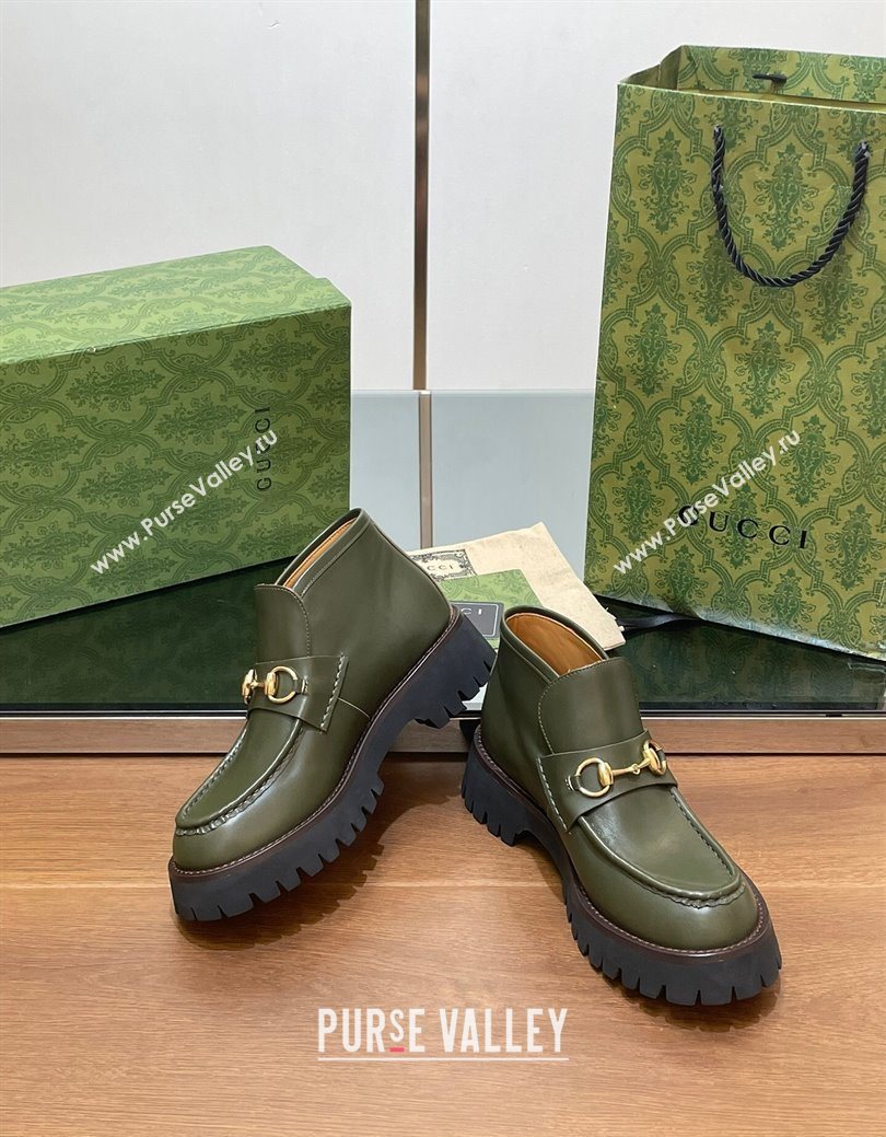 Gucci Horsebit Ankle Boots 4.5cm in Shiny Leather Green 2025 764206 (SS-250828188)