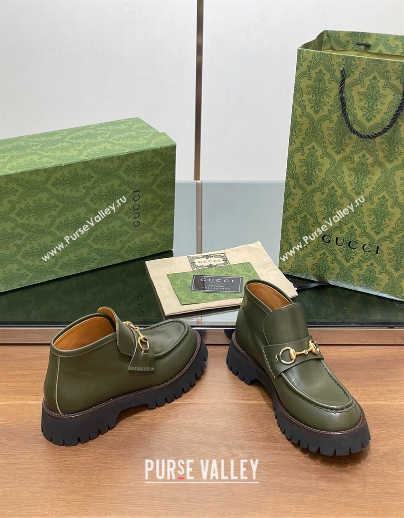 Gucci Horsebit Ankle Boots 4.5cm in Shiny Leather Green 2025 764206 (SS-250828188)