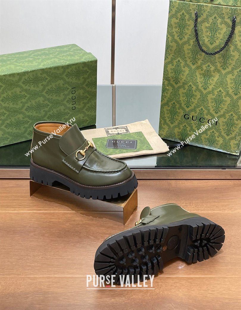 Gucci Horsebit Ankle Boots 4.5cm in Shiny Leather Green 2025 764206 (SS-250828188)
