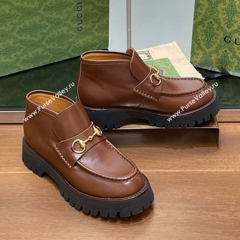 Gucci Horsebit Ankle Boots 4.5cm in Shiny Leather Brown 2025 764206 (SS-250828189)