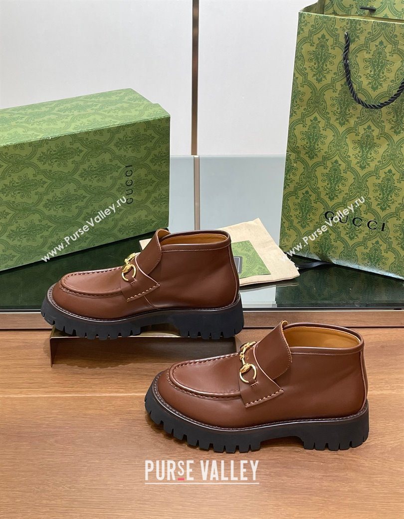 Gucci Horsebit Ankle Boots 4.5cm in Shiny Leather Brown 2025 764206 (SS-250828189)
