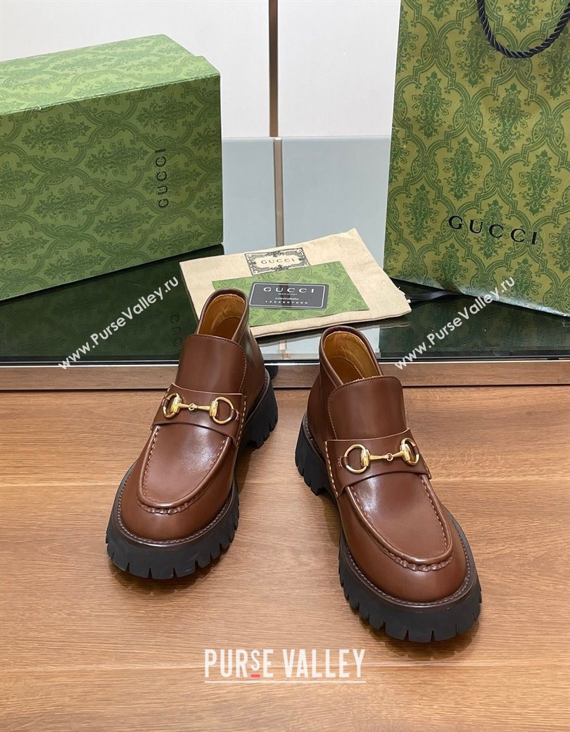 Gucci Horsebit Ankle Boots 4.5cm in Shiny Leather Brown 2025 764206 (SS-250828189)