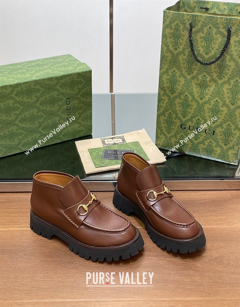 Gucci Horsebit Ankle Boots 4.5cm in Shiny Leather Brown 2025 764206 (SS-250828189)