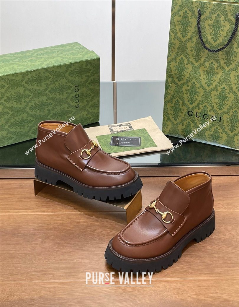 Gucci Horsebit Ankle Boots 4.5cm in Shiny Leather Brown 2025 764206 (SS-250828189)