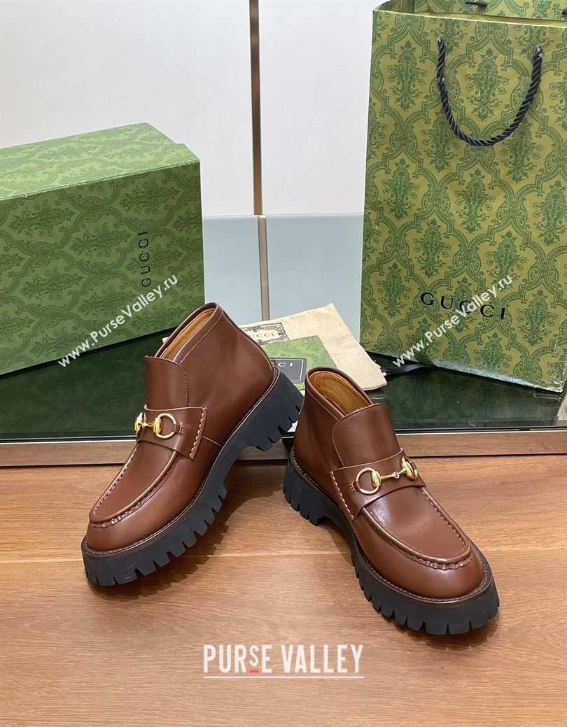 Gucci Horsebit Ankle Boots 4.5cm in Shiny Leather Brown 2025 764206 (SS-250828189)