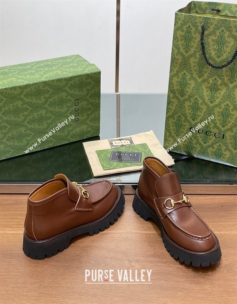Gucci Horsebit Ankle Boots 4.5cm in Shiny Leather Brown 2025 764206 (SS-250828189)