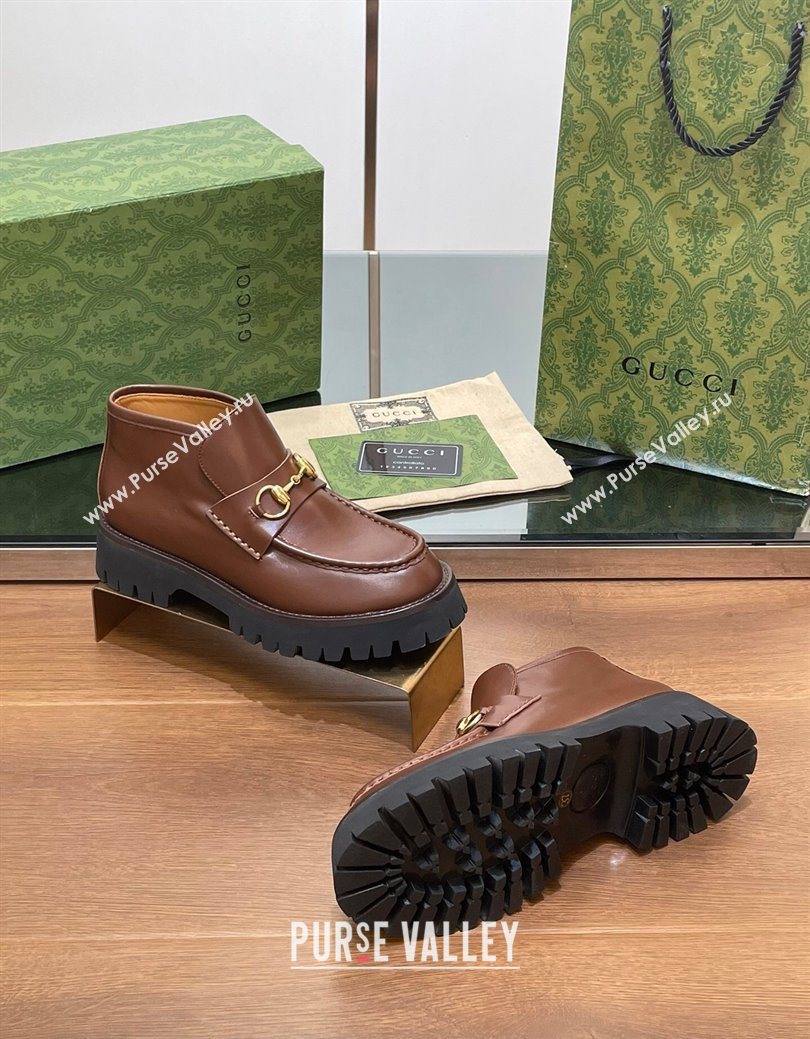 Gucci Horsebit Ankle Boots 4.5cm in Shiny Leather Brown 2025 764206 (SS-250828189)
